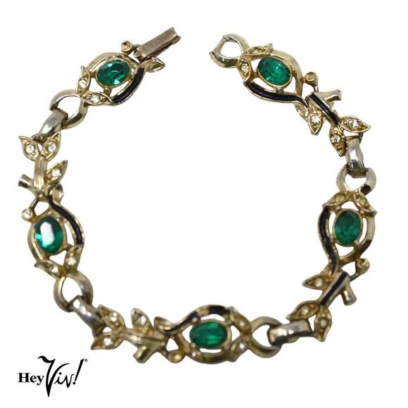 Vintage Coro Bracelet Signed Leaf Shapes Green Rhinestones 7.5" Long - Hey Viv - Picture 1 of 5